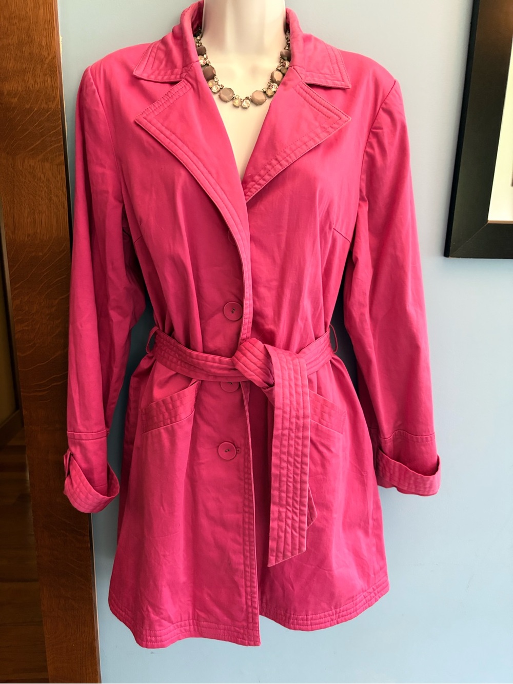 Spense Trench Coat Hot Pink 💕 Cotton Blend Single Breasted Darts Belt Size Large